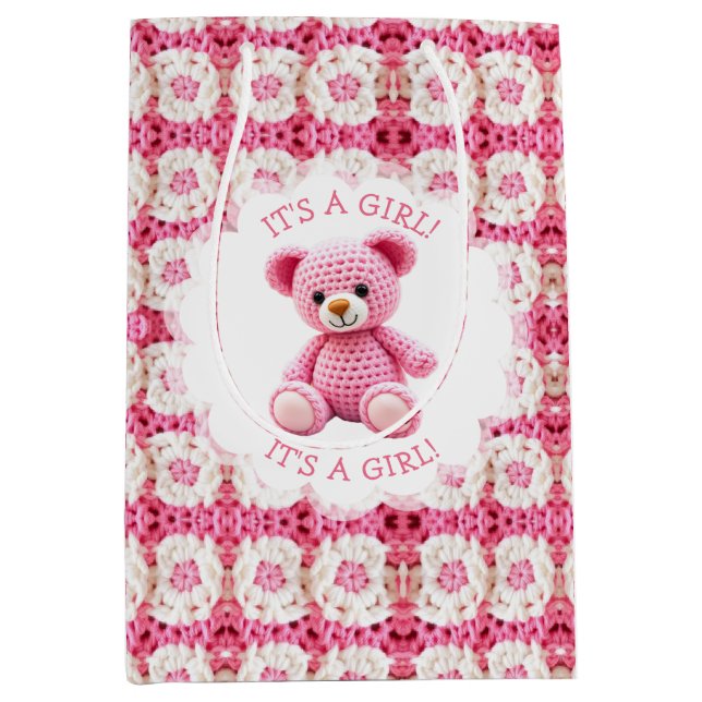 Cute Crocheted Teddy Bear Girl's Baby Shower Medium Gift Bag (Front)