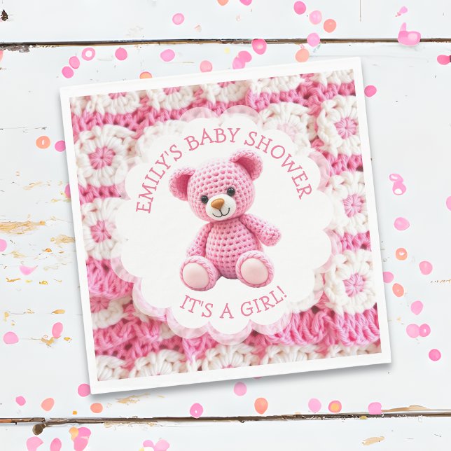 Cute Crocheted Teddy Bear Girl's Baby Shower Napkin (Creator Uploaded)