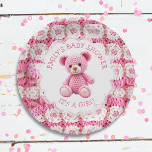 Cute Crocheted Teddy Bear Girl's Baby Shower Paper Plate