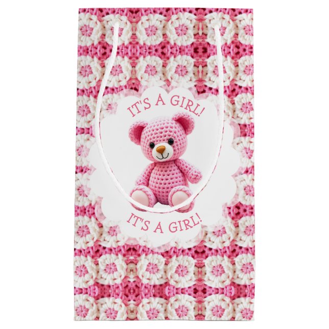 Cute Crocheted Teddy Bear Girl's Baby Shower Small Gift Bag (Front)