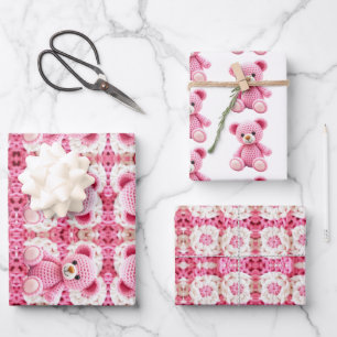 Cute Crocheted Teddy Bear Girl's Baby Shower Wrapping Paper Sheet