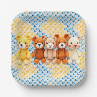 Cute Crocheted Teddy Bears Boy's Baby Shower Paper Plate