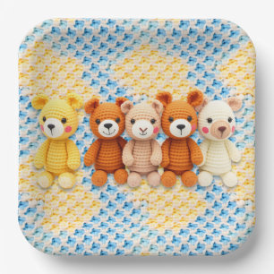Cute Crocheted Teddy Bears Boy's Baby Shower Paper Plate