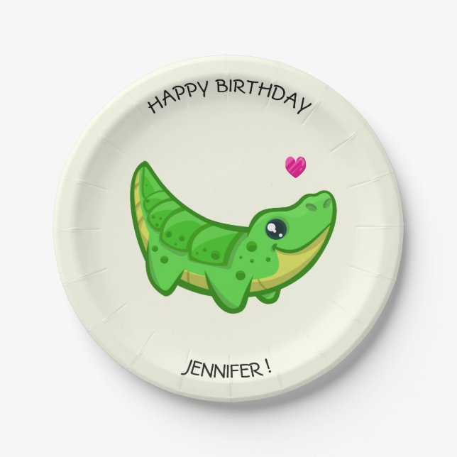 Cute crocodile kawaii cartoon girls name birthday paper plate (Front)