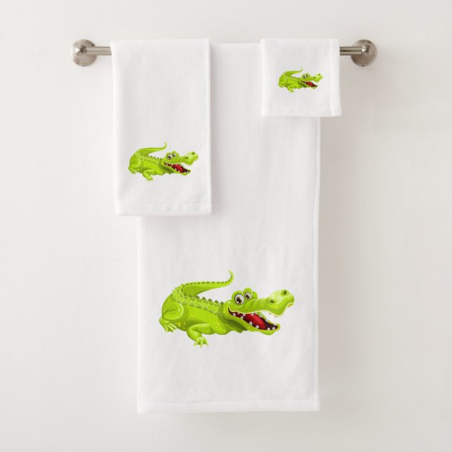 Cute Crocodile on White Bath Towel Set (Insitu)