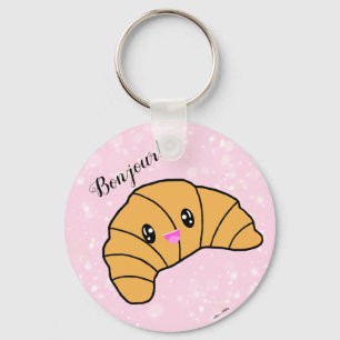 Cute Croissant Kawaii France Bread Bonjour! Pink Key Ring