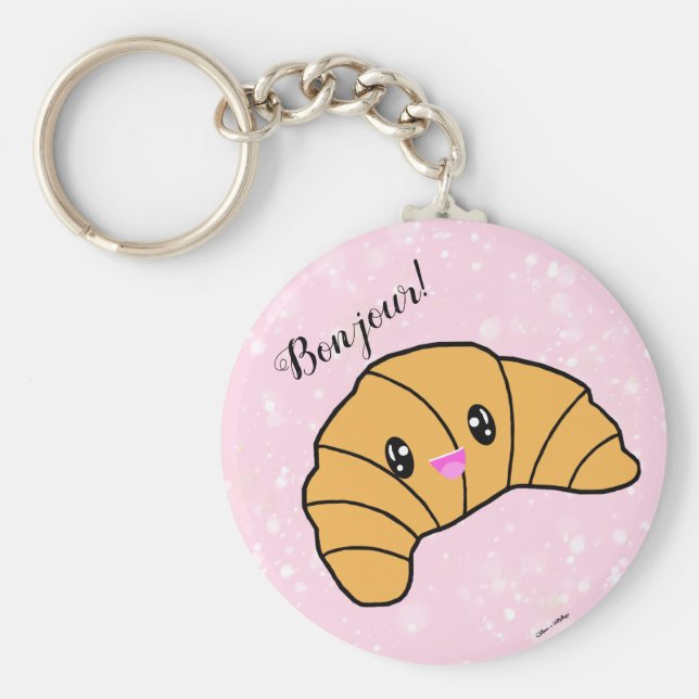Cute Croissant Kawaii France Bread Bonjour! Pink Key Ring (Front)