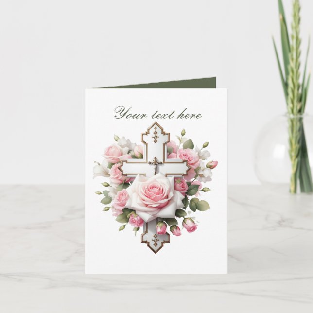 Cute Cross with roses customisable  Card (Front)