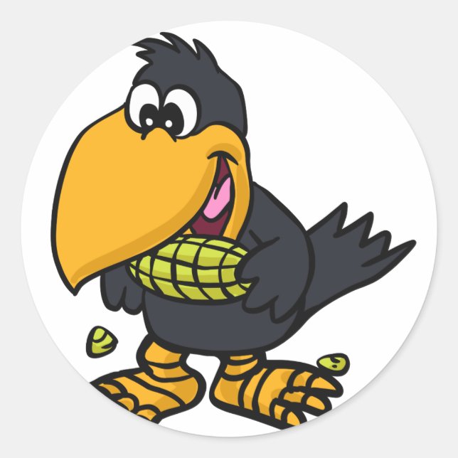 Cute crow eating corn | choose background colour classic round sticker (Front)