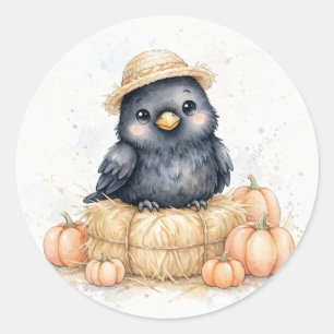 Cute Crow Straw Hat Harvest Classic Round Sticker