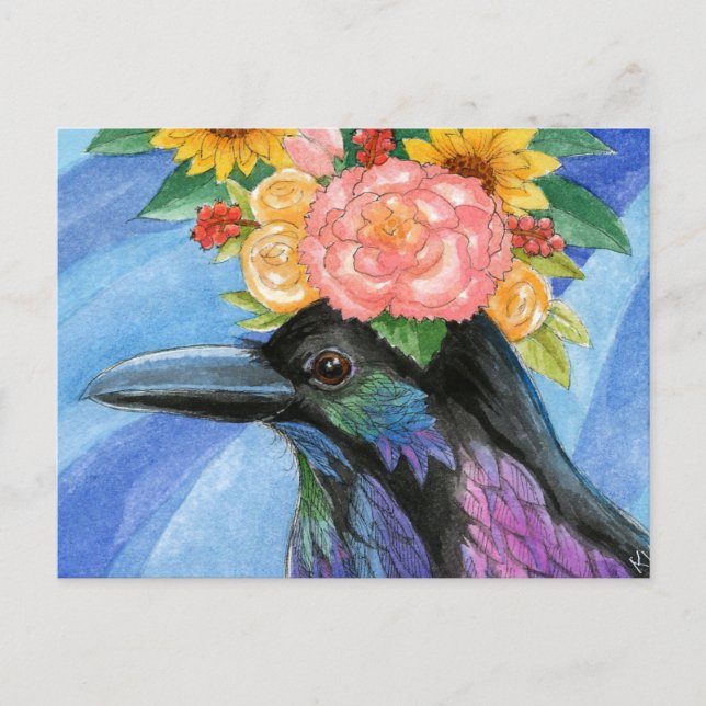 Cute crow wearing flower hat postcard (Front)