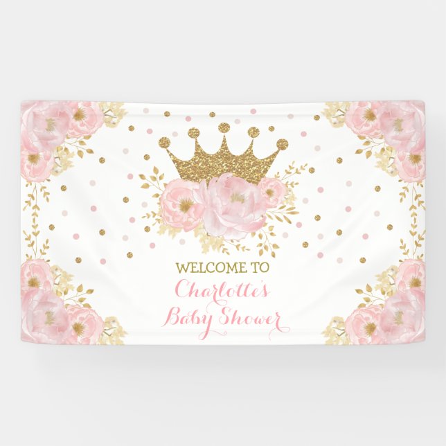 Cute Crown Princess Blush Gold Floral Baby Shower Banner (Horizontal)