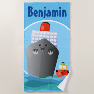 Cute cruise ship tug boat cartoon illustration beach towel
