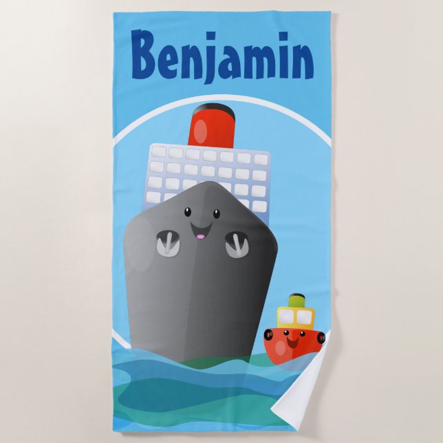 Cute cruise ship tug boat cartoon illustration beach towel (Front)