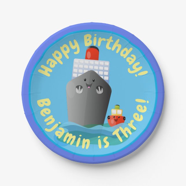 Cute cruise ship tug boat cartoon illustration paper plate (Front)