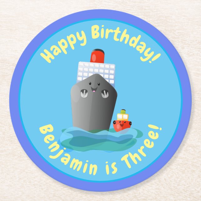 Cute cruise ship tug boat cartoon illustration round paper coaster (Front)