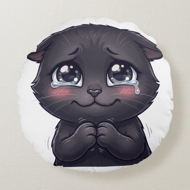 Cute Crying Black Cat Begging Canvas Wall Art Round Cushion (Front)