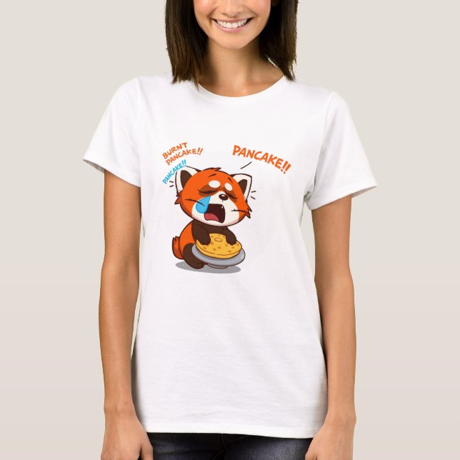 Cute Crying Red Panda Loves Pancakes Funny Cartoon T-Shirt (Front)
