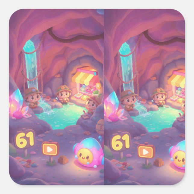 Cute Crystal Cave Adventure – Colourful Chibi Square Sticker (Front)