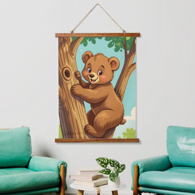 Cute cub bear climbing a tree hanging tapestry (Living Room)