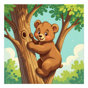 Cute cub bear climbing a tree photo print