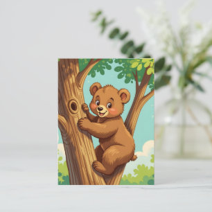 Cute cub bear climbing a tree postcard