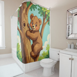 Cute cub bear climbing a tree shower curtain