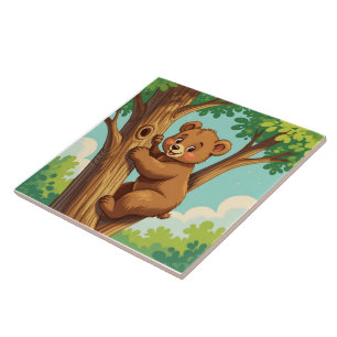 Cute cub bear climbing a tree tile