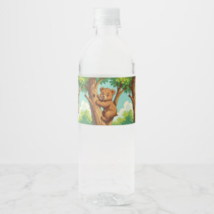 Cute cub bear climbing a tree water bottle label