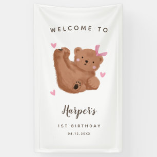 Cute Cub Bear Girl Birthday Party Welcome Banner