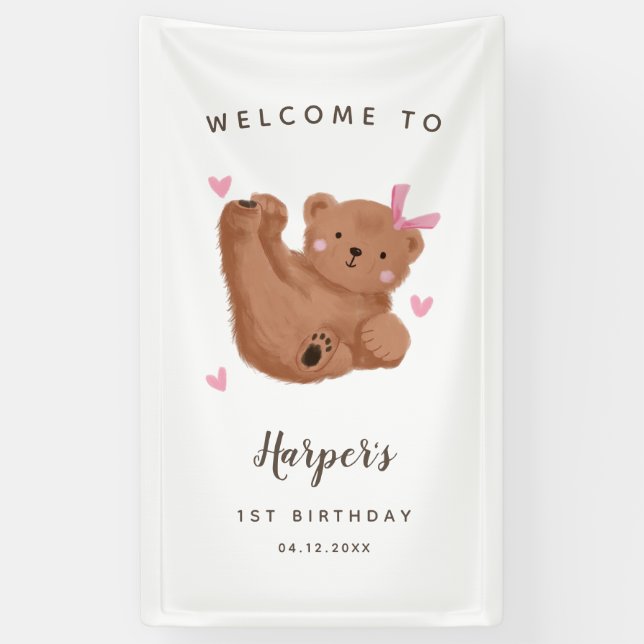 Cute Cub Bear Girl Birthday Party Welcome  Banner (Vertical)