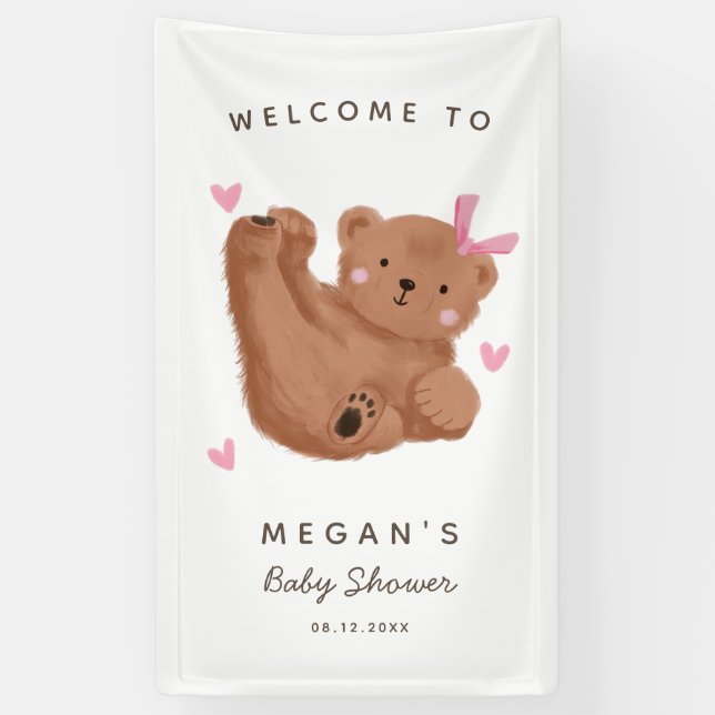 Cute Cub Bear Pink Baby Shower Welcome Banner (Vertical)