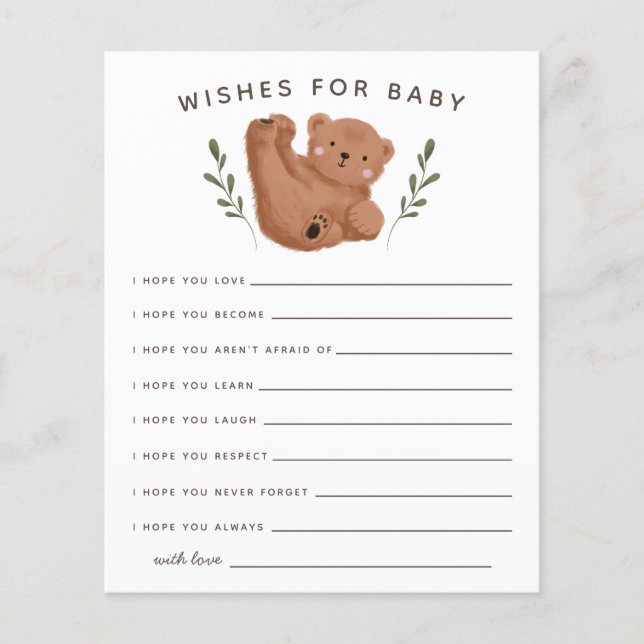 Cute Cub Bear Shower Wishes for Baby Card (Front)