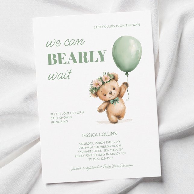 Cute Cub Sage Green We Can Bearly Wait Baby Shower Invitation (Cute Cub Sage Green We Can Bearly Wait Baby Shower Invitation)