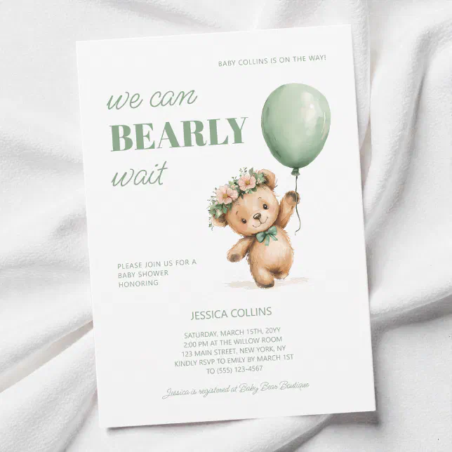 Cute Cub Sage Green We Can Bearly Wait Baby Shower Invitation | Zazzle