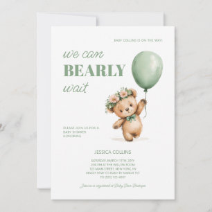 Cute Cub Sage Green We Can Bearly Wait Baby Shower Invitation