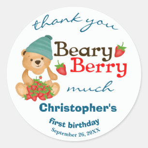 Cute Cub Strawberries Beary Berry First Birthday Classic Round Sticker