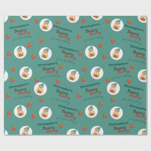 Cute Cub Strawberries Beary Berry First Birthday Wrapping Paper