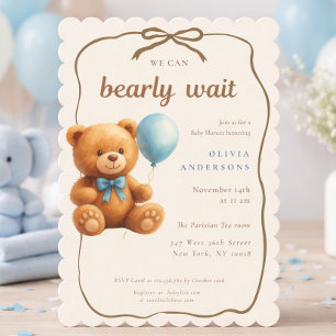 Cute Cub We can Bearly Wait Blue Baby Invitation