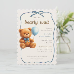 Cute Cub We can Bearly Wait Blue Baby Invitation