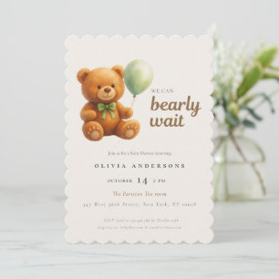 Cute Cub We can Bearly Wait Green Baby Invitation