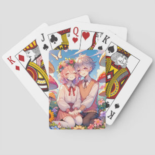 Cute Cuddly Anime Couple Playing Cards