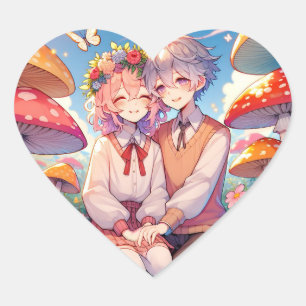Cute Cuddly Anime Couple Whimsical Romantic Heart Sticker