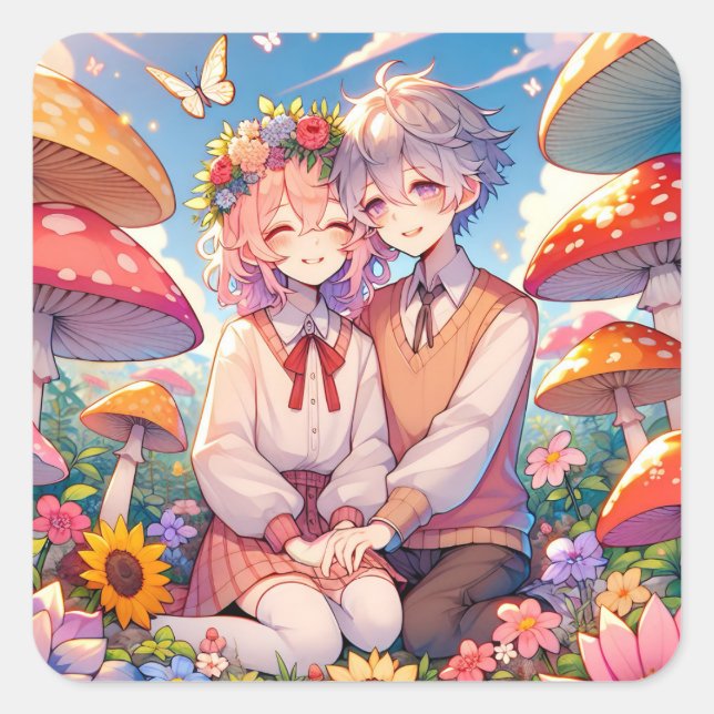 Cute Cuddly Anime Couple Whimsical Romantic Square Sticker (Front)