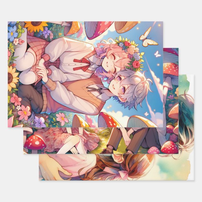 Cute Cuddly Anime Couple Whimsical Romantic Wrapping Paper Sheet (Set)
