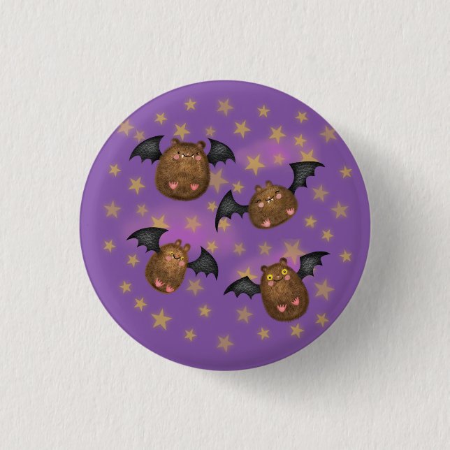 Cute, cuddly bat round badge (Front)