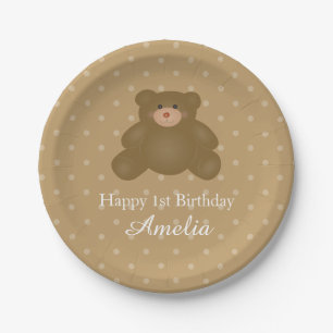 Cute Cuddly Brown Baby Teddy Bear Birthday Party Paper Plate