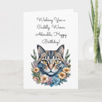 Cute Cuddly Cat in Watercolor Flowers Birthday