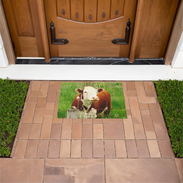 Cute Cuddly Cow Brown Green Grass Door Mat (Outdoor)