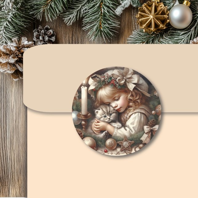 Cute Cuddly Kitten Christmas Classic Round Sticker (Creator Uploaded)